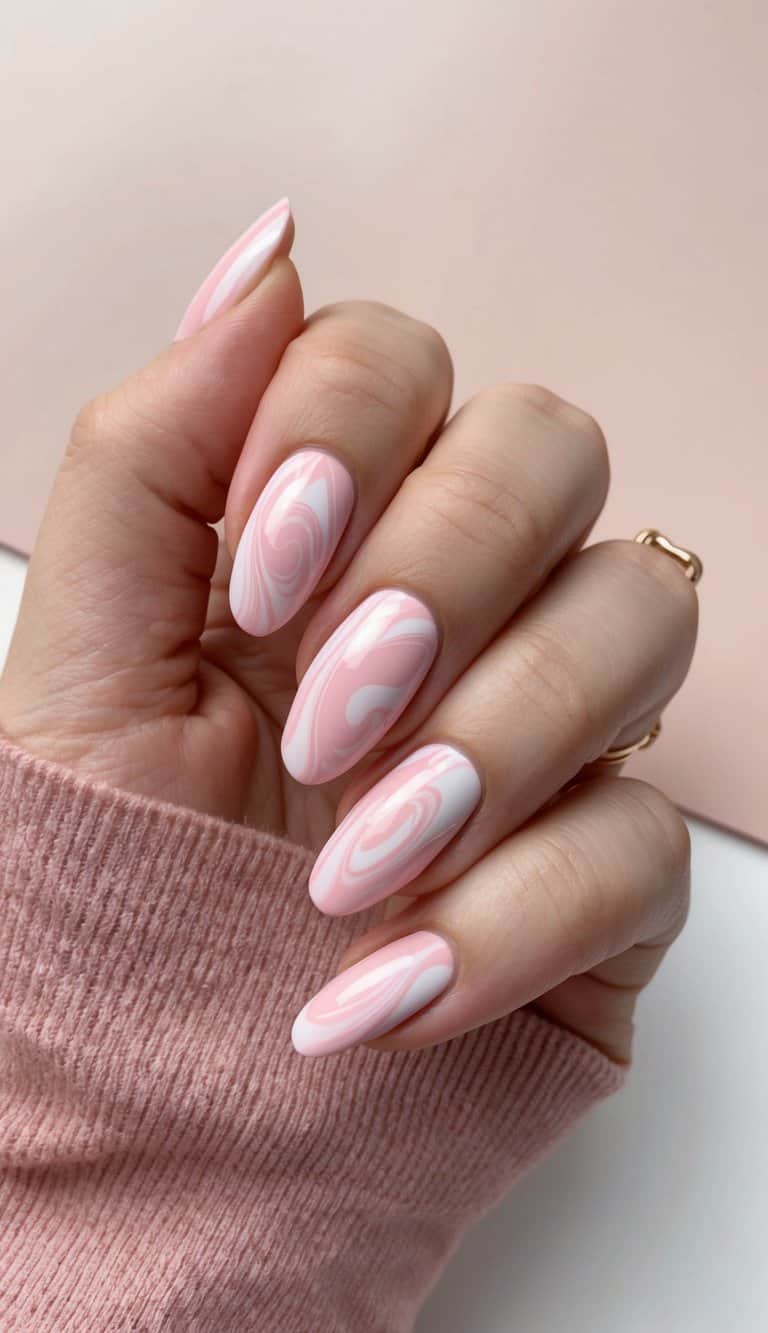 A close-up of pink marble swirl nail art on a blush background