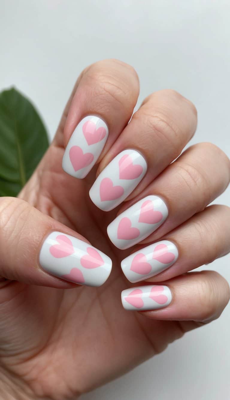 Pastel pink hearts arranged in a stunning nail art design