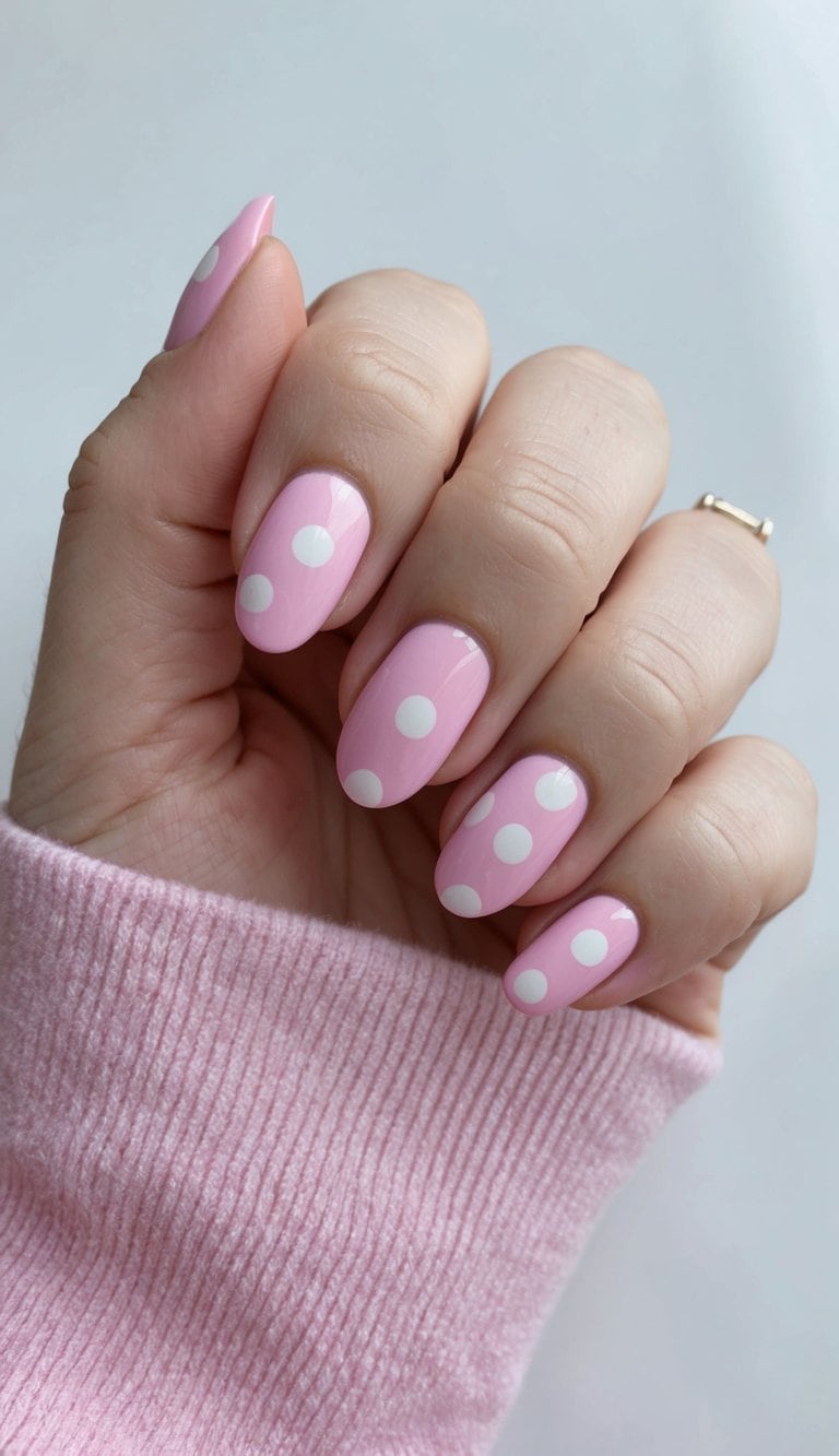 A close-up of bubblegum pink polka dot nail art on a smooth, clean surface