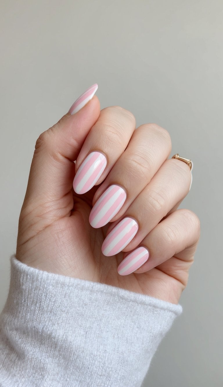 A close-up view of pink striped chevron nail art on a neutral background