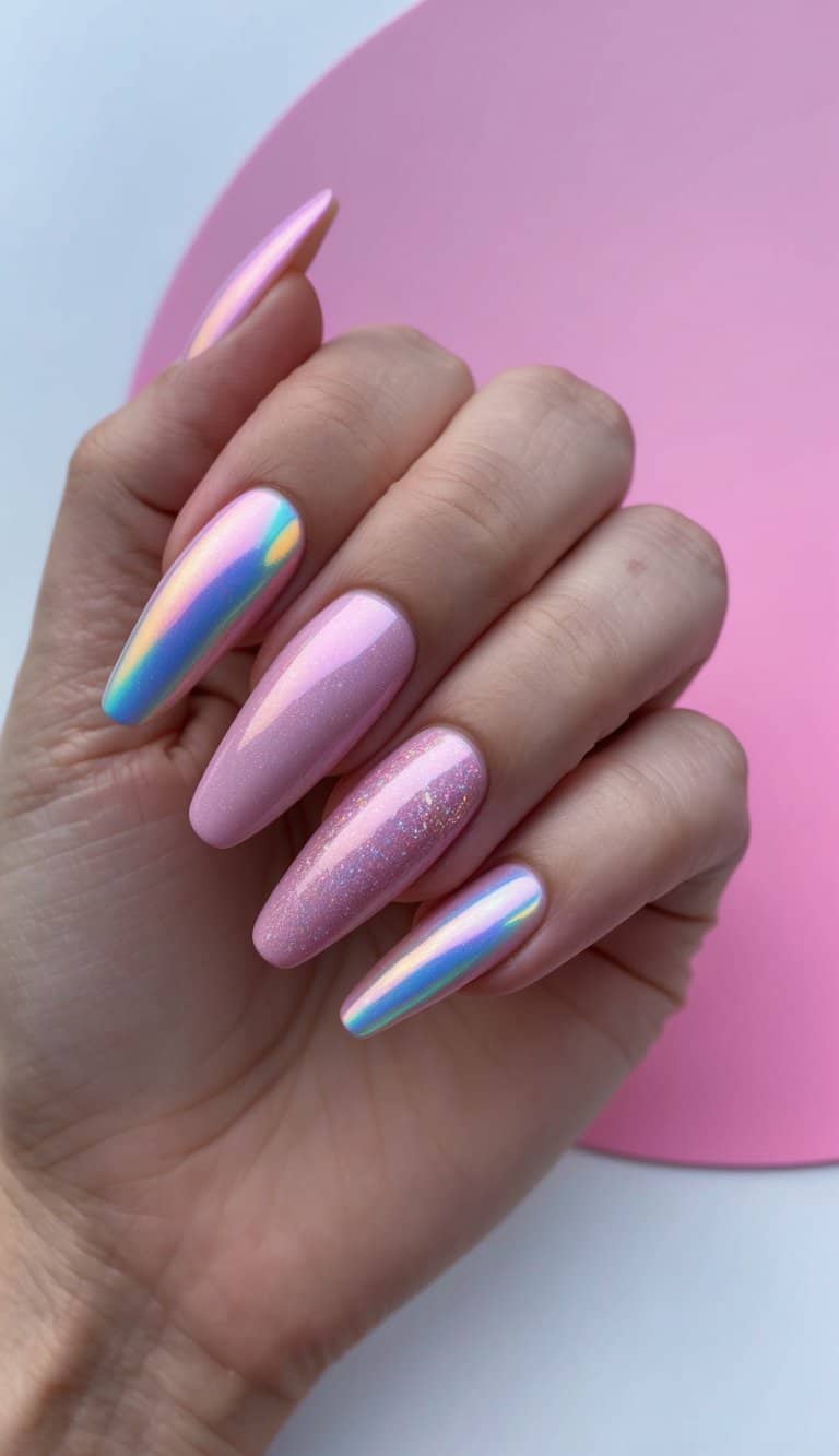 A holographic pink rainbow swirling across a set of 50 stunning pink nail art designs