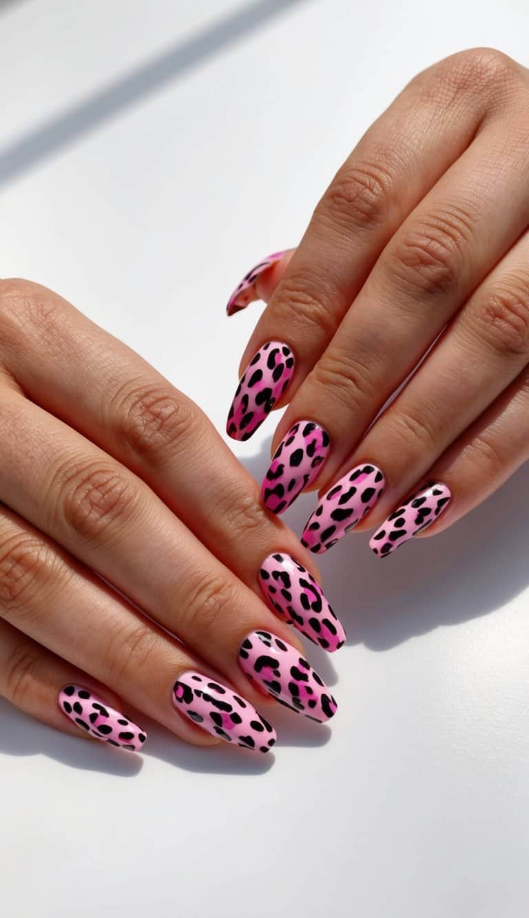 A close-up of pink leopard print nails on a white background