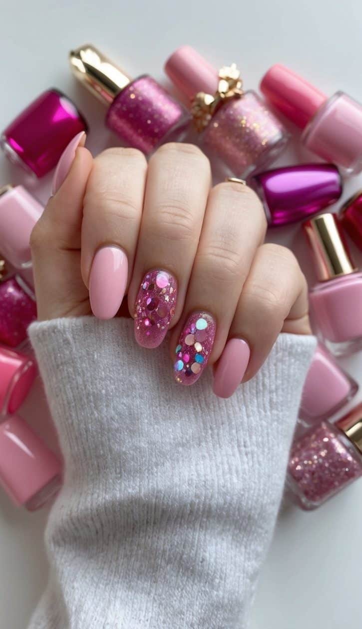 A single nail with a pink glitter accent, surrounded by various shades of pink nail polish and decorative elements