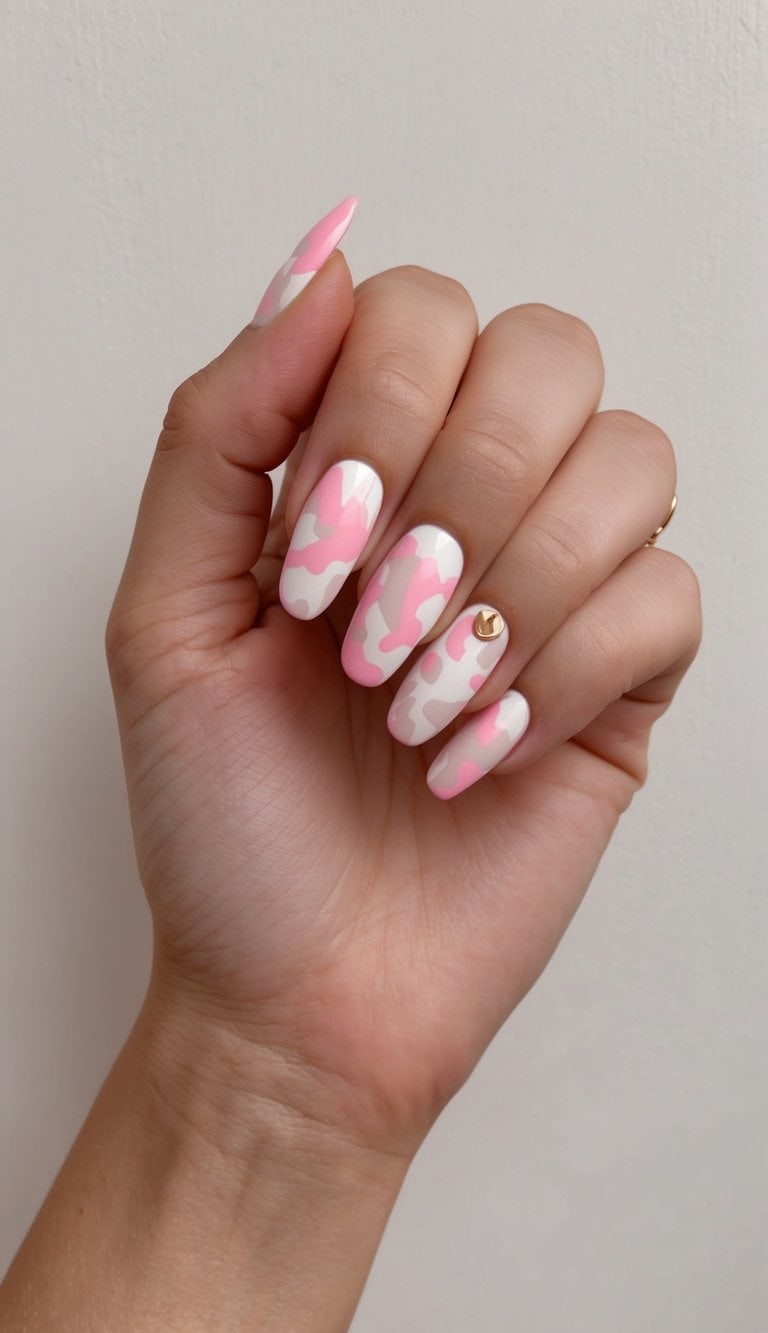 A close-up of pink camouflage nail art on a neutral background with soft pastel shades and intricate patterns