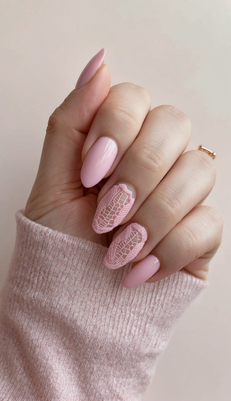 A close-up of pink lace embroidery on a nail against a soft pastel background