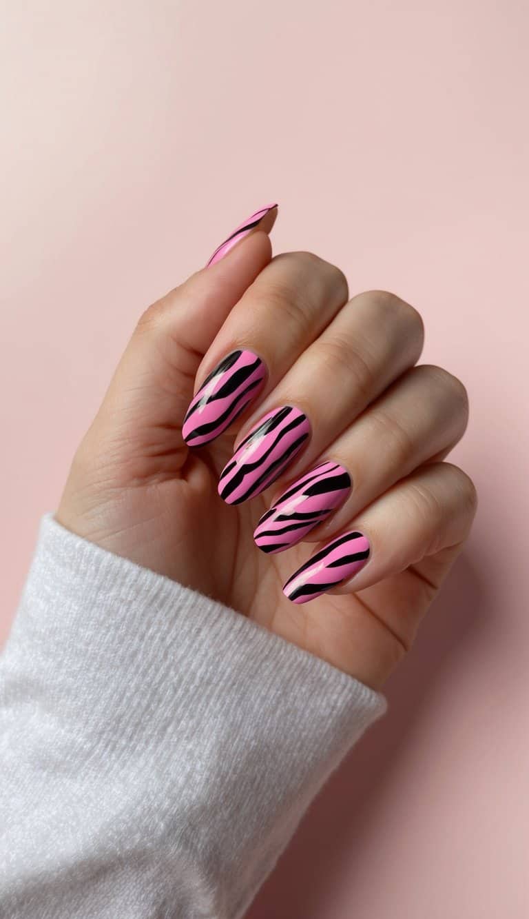 Bold pink zebra stripes nail art on a clean, manicured surface with soft pastel pink background