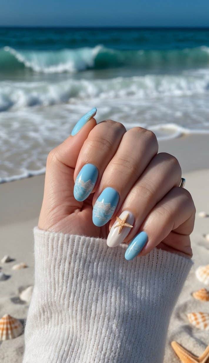 A tranquil blue ocean with waves crashing against a sandy beach, surrounded by seashells and starfish