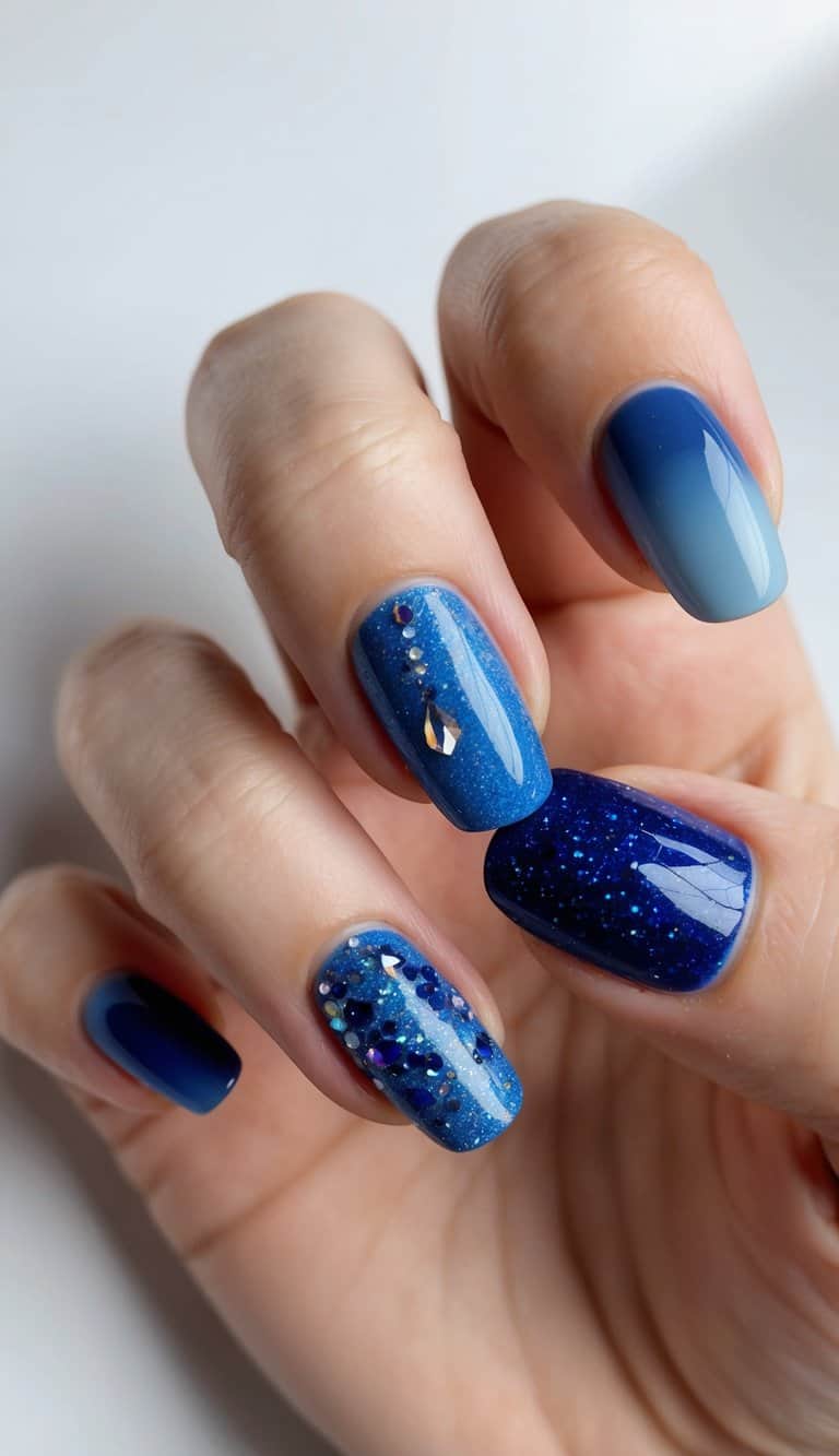 A midnight blue glitter fade nail design with various shades of blue and sparkling accents