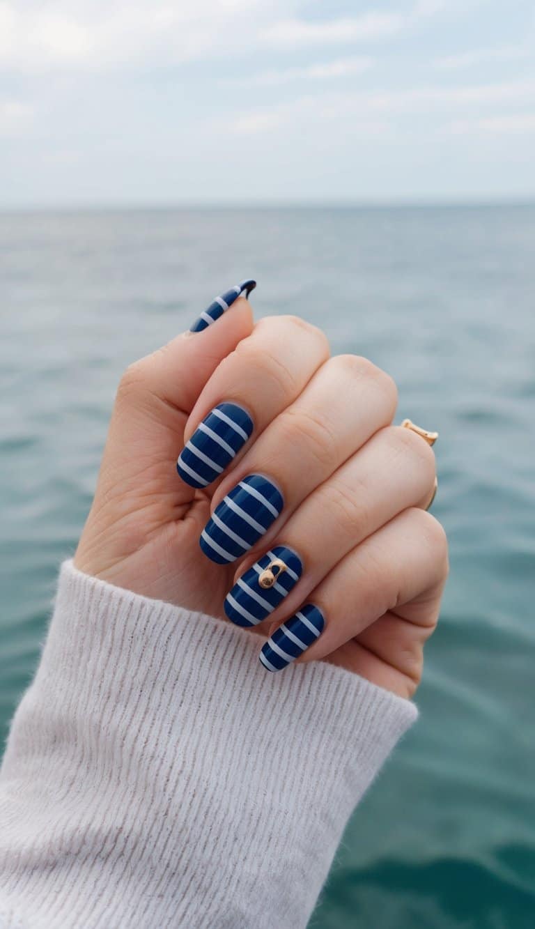 A serene scene of nautical navy stripes on blue nails, set against a tranquil ocean backdrop with subtle waves