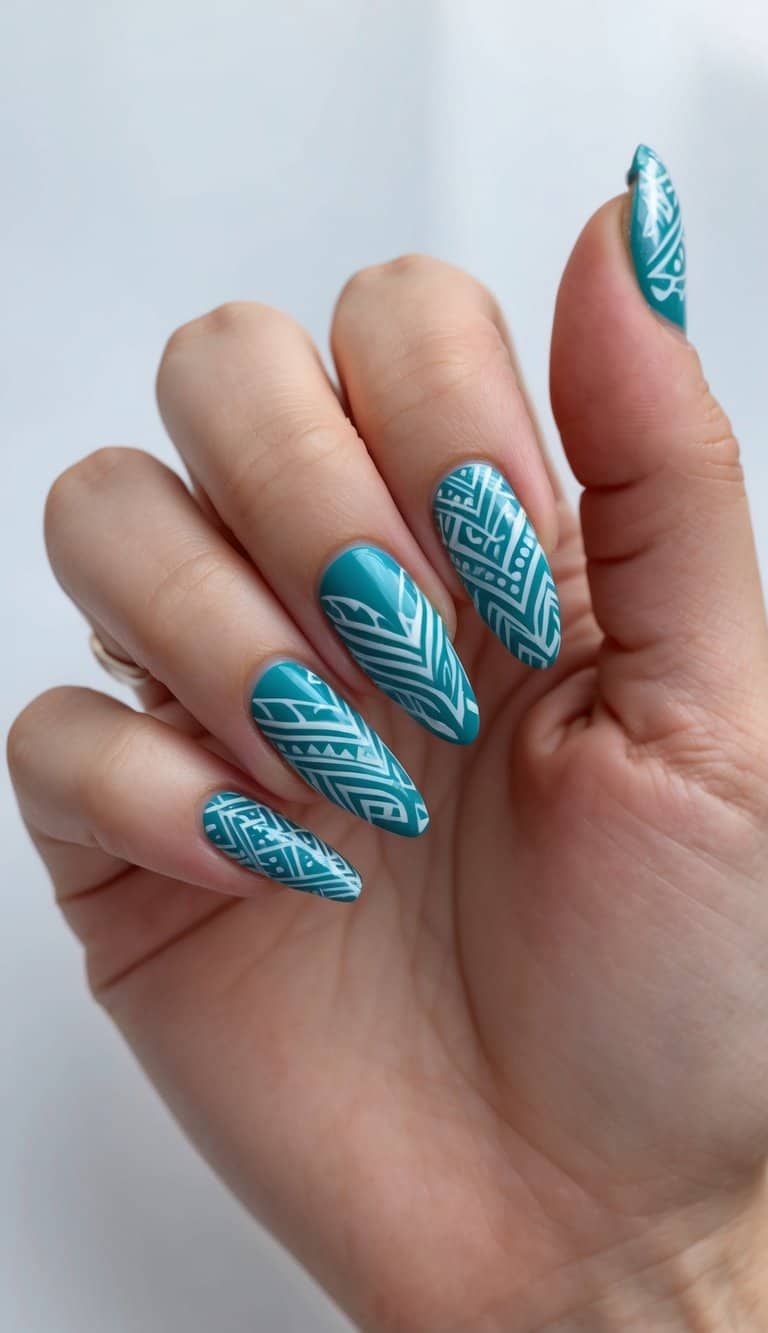 A close-up of teal tribal patterns on blue nails, with intricate designs and delicate details