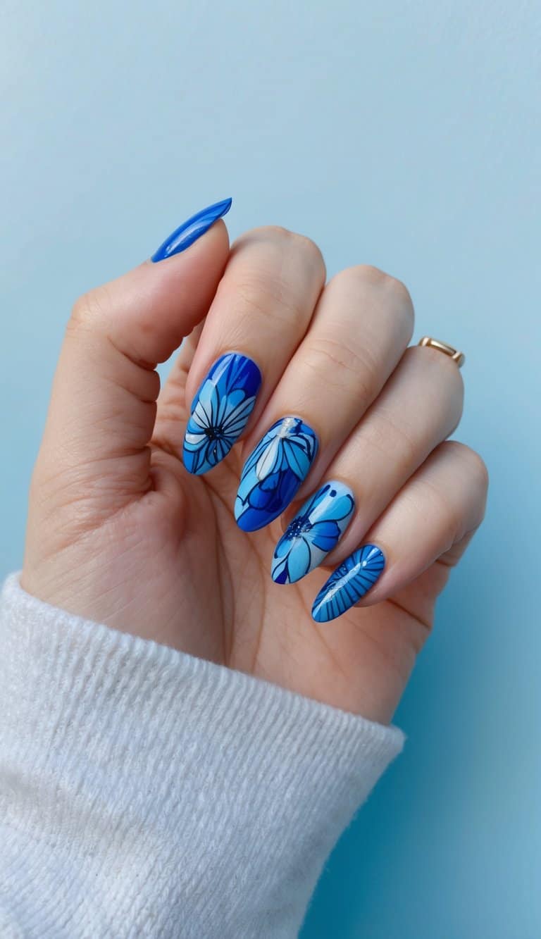 A cobalt blue floral nail art design featuring delicate petals and intricate patterns on a serene blue background