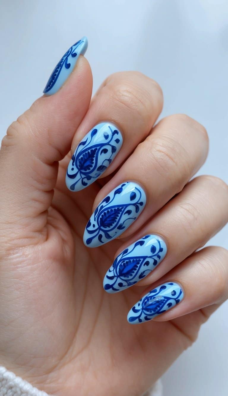 Royal blue paisley vines swirling across a serene blue nail art design