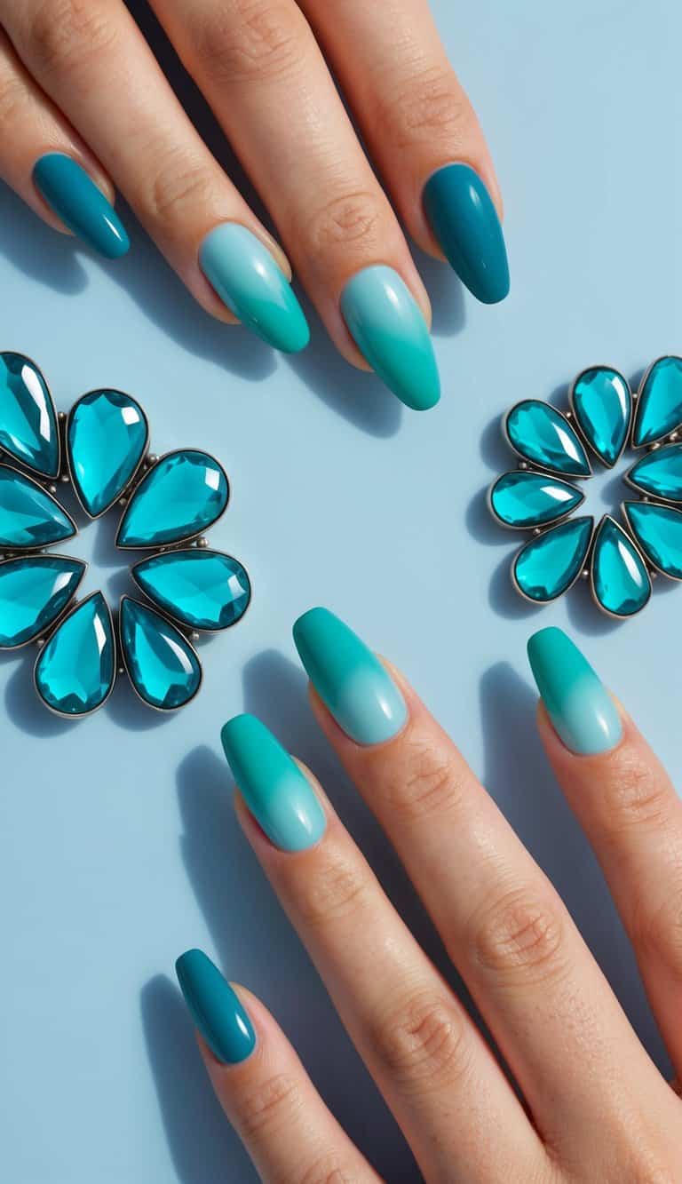 A collection of teal teardrop jewels arranged in a gradient pattern on a serene blue background