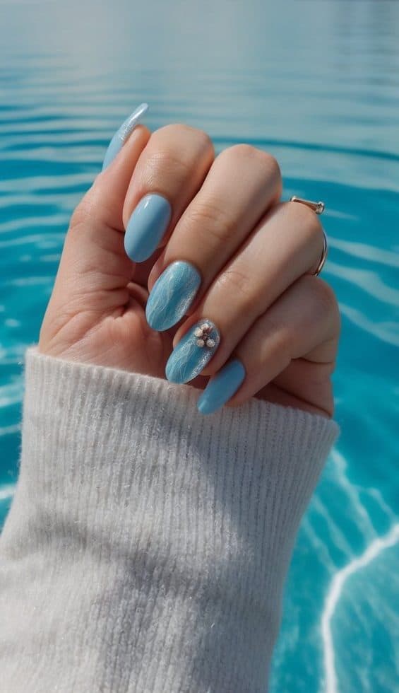 A tranquil crystal blue lagoon with delicate ripples and shimmering reflections