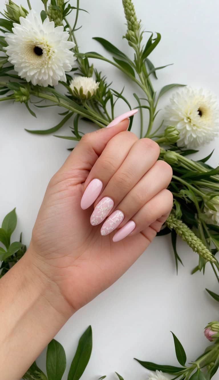 Soft pink nails arranged in a delicate pattern, surrounded by fresh flowers and greenery