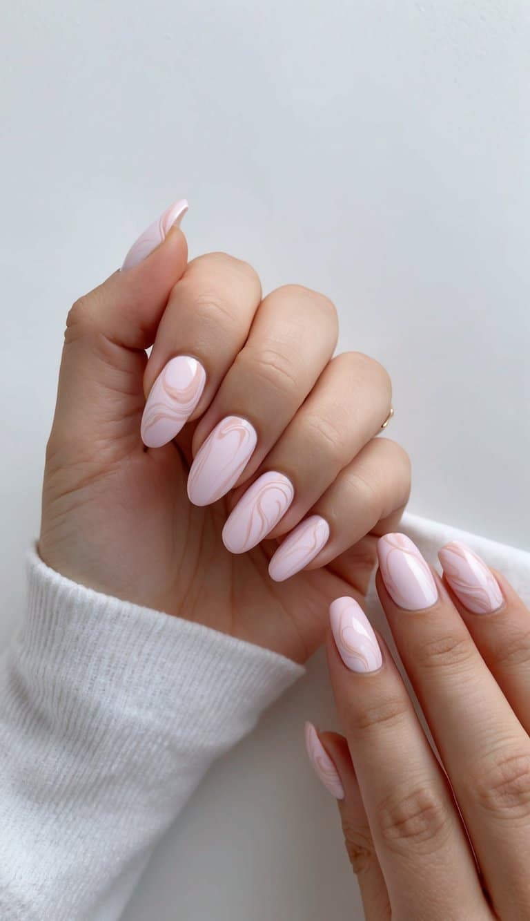 Soft pink marble swirl nail art designs on a clean, minimalist background