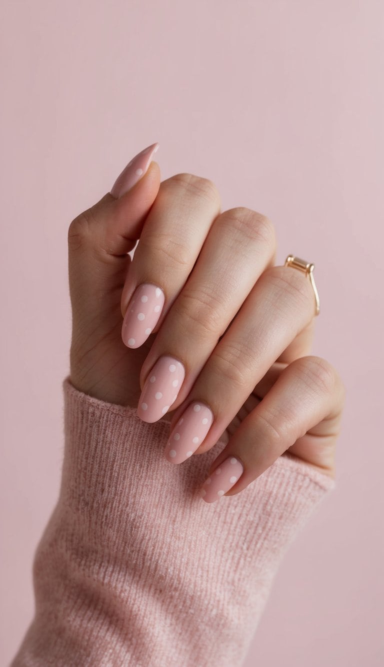 A close-up of natural pink polka dot nail designs on a pale pink background, with soft lighting to enhance the delicate and feminine look