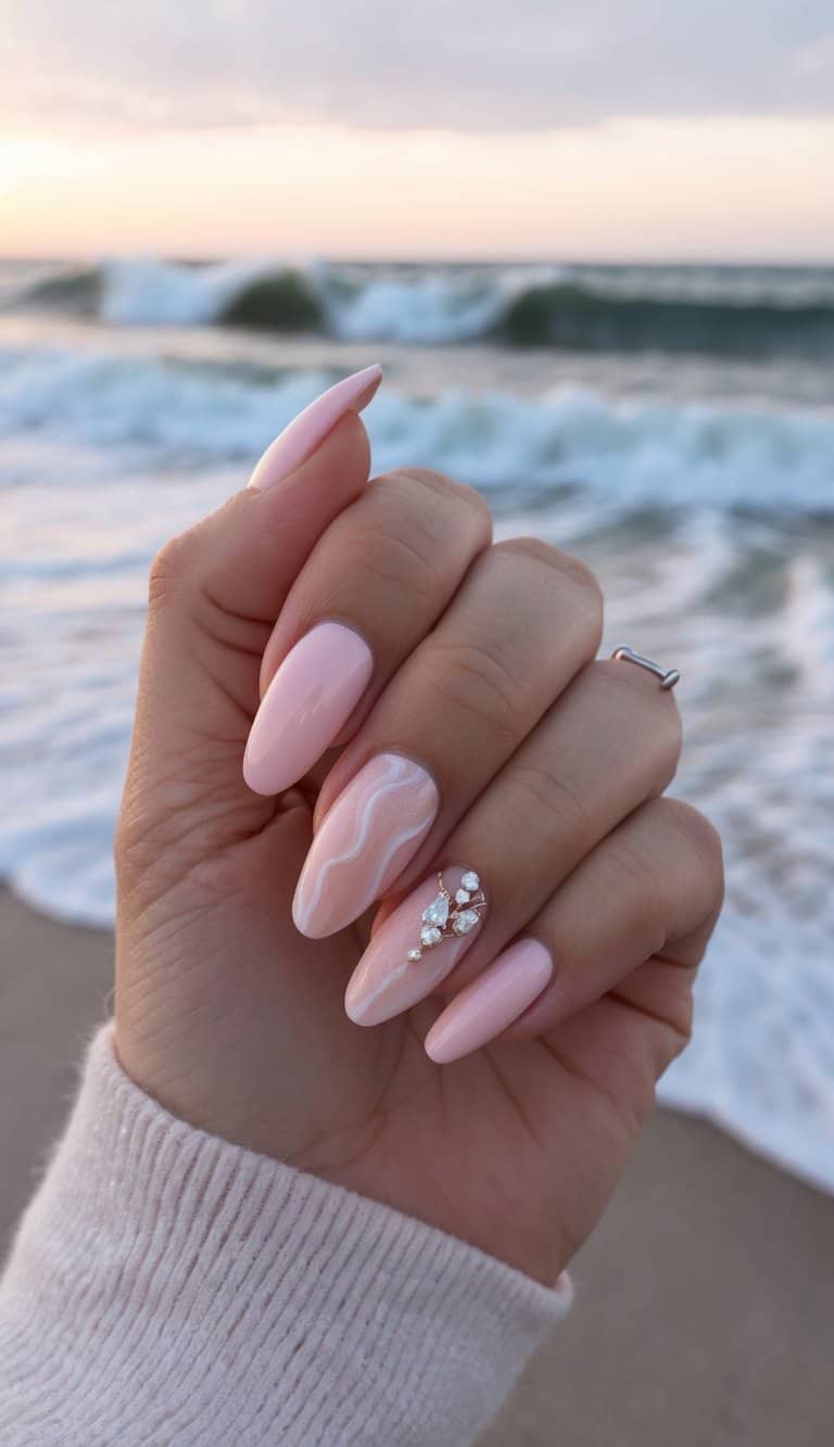 Soft pink waves crashing against a sunset-lit beach