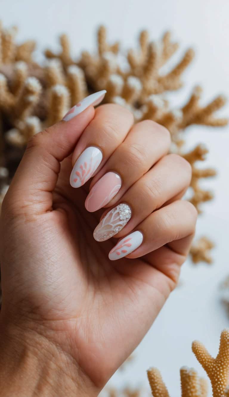 A coral reef with soft and natural pink nail art designs scattered among the vibrant marine life