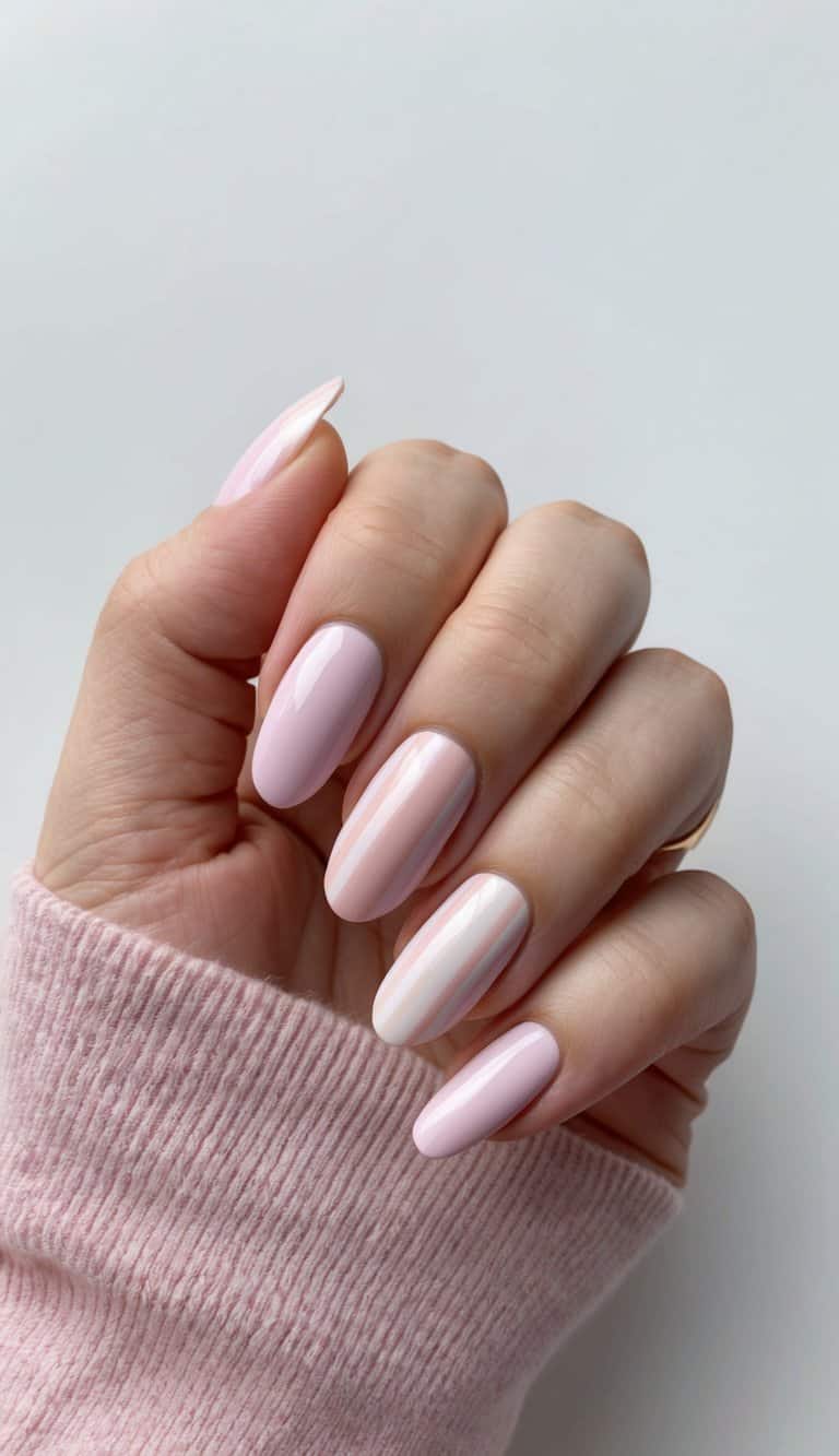 Soft pink stripes in various widths and shades, arranged in a delicate and natural nail art design