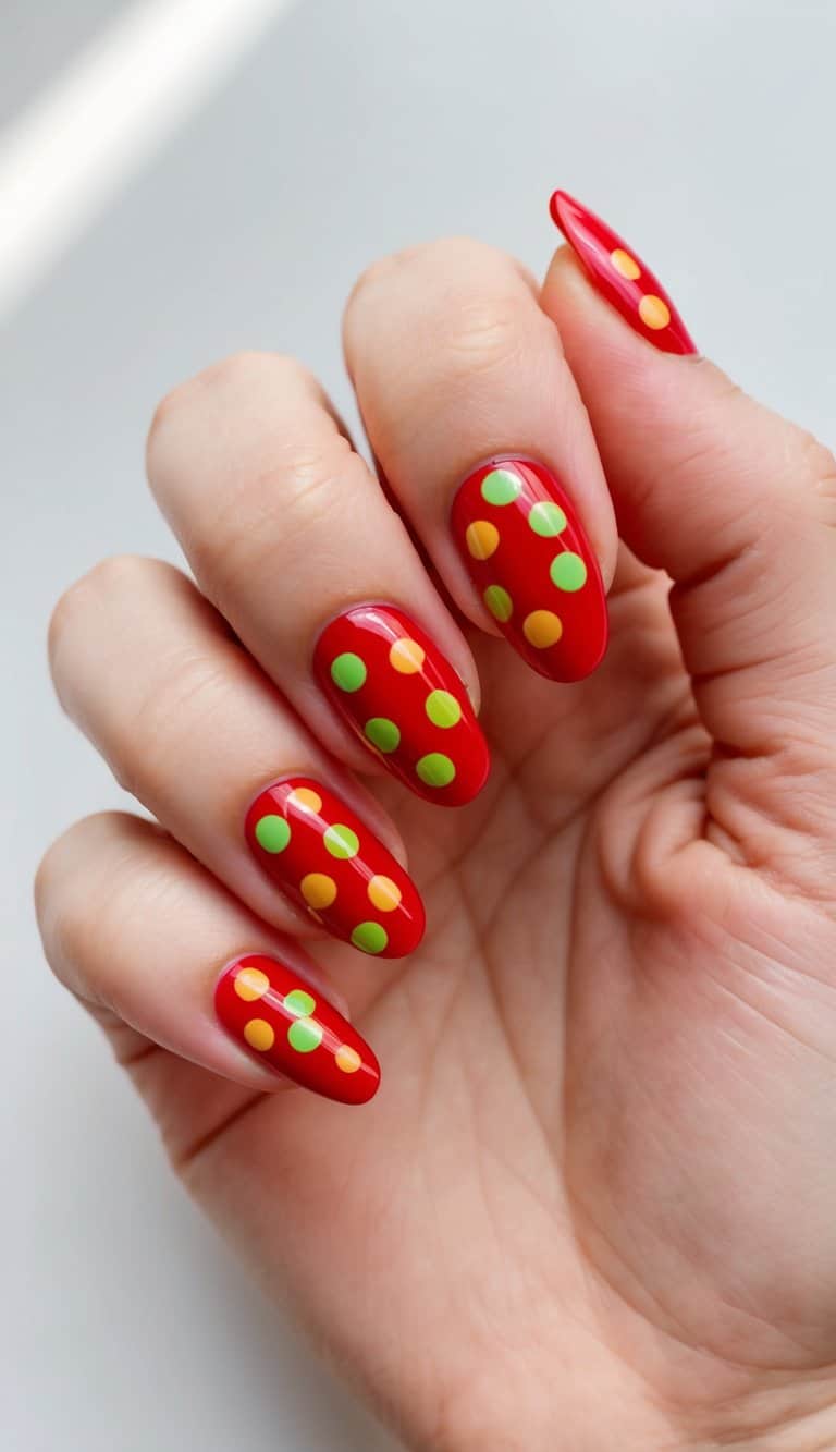 A close-up of glossy red nail art designs with candy apple dots in bold and vibrant shades