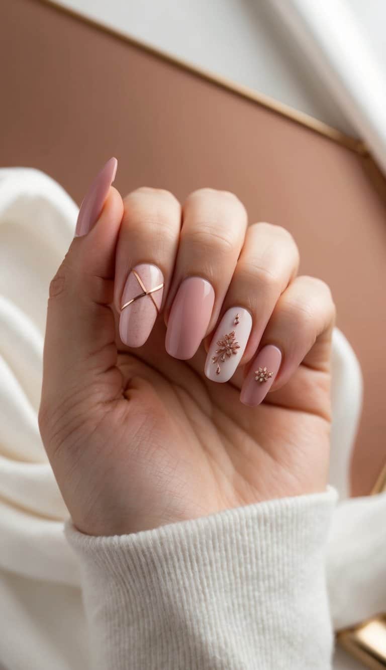 A close-up of various soft and natural pink nail art designs on a rose gold luxe background