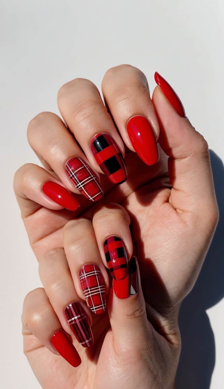 A close-up of bold red nail art designs on a glossy surface, featuring various crimson plaid chic patterns