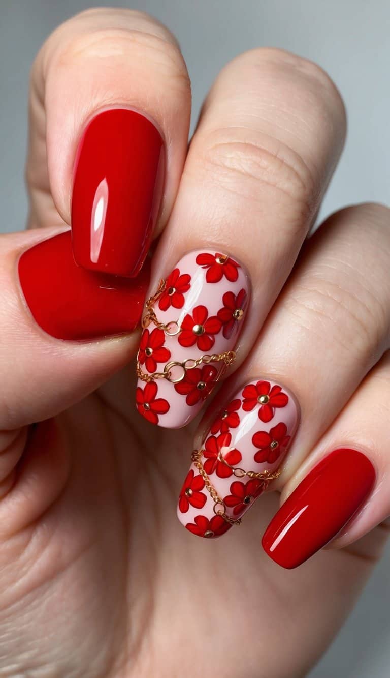 A close-up of bold red nail art designs with glossy finish, adorned with raspberry flower chains