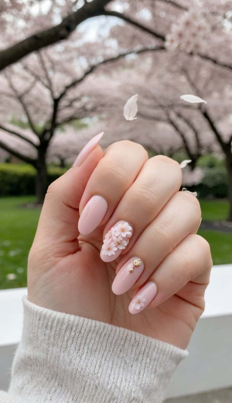 A serene garden with sakura trees in full bloom, petals gently falling onto soft, natural pink nail art designs