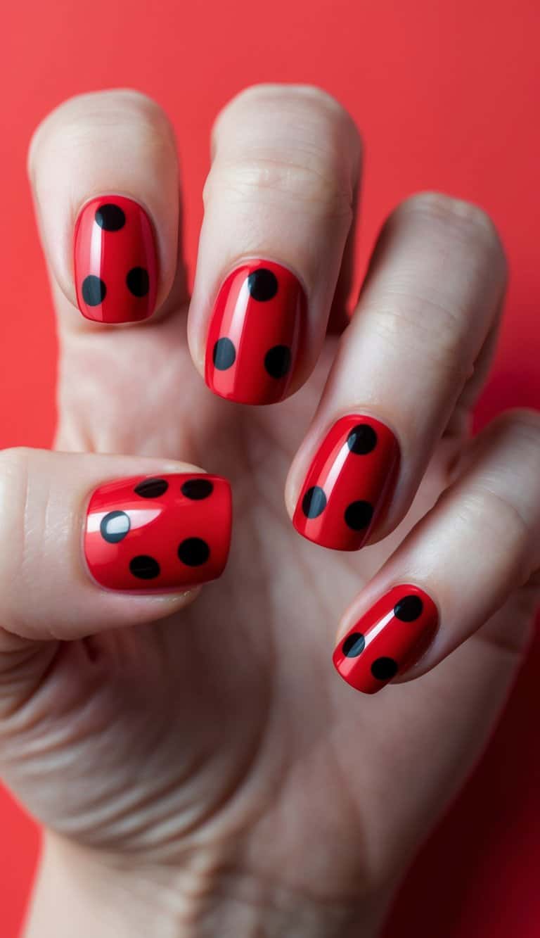 A close-up of bold red nails with glossy ladybug-inspired dots, set against a vibrant background