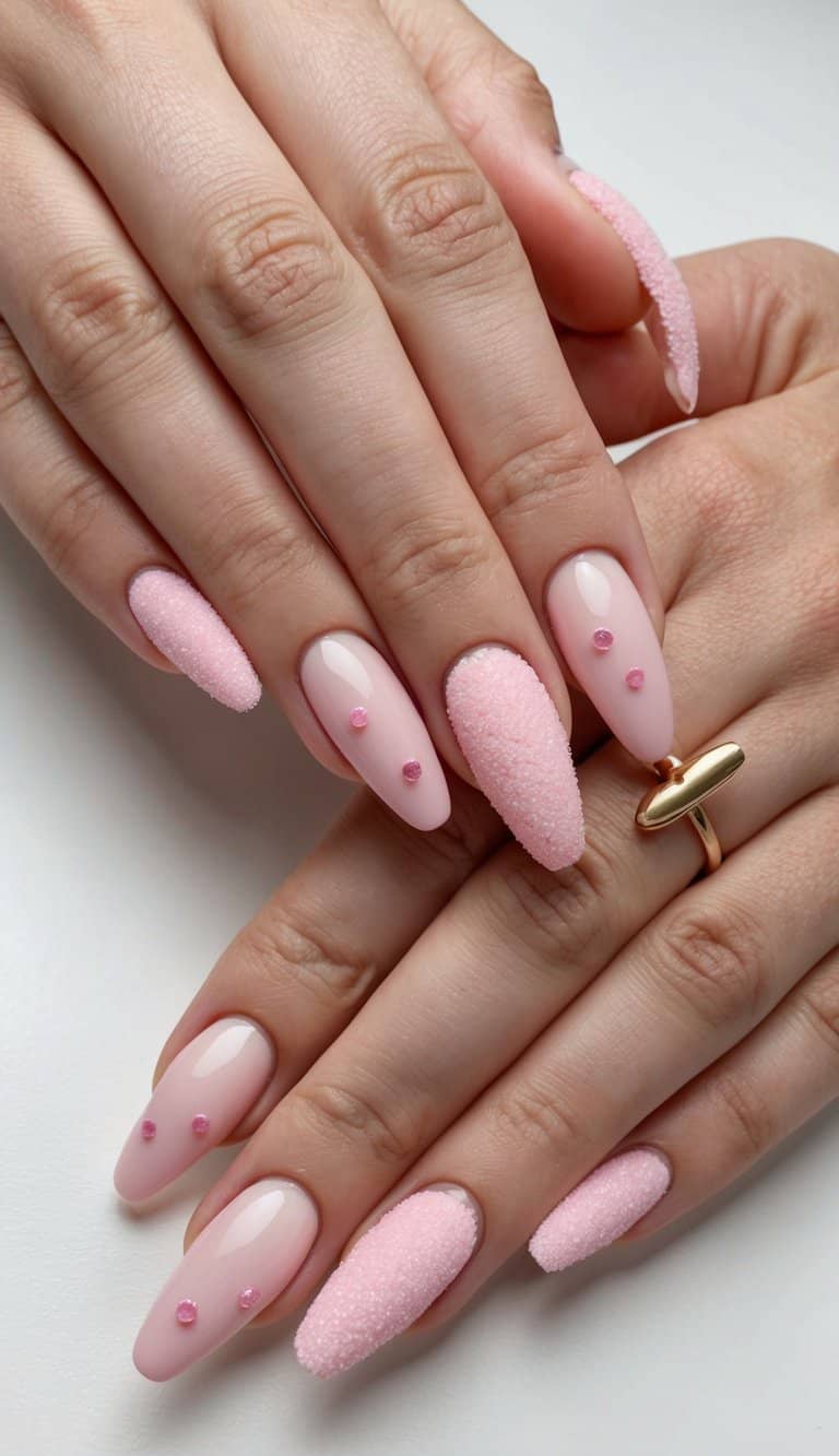 A delicate display of soft and natural pink nail art designs, accented with pink sugar sprinkles for a sweet and charming touch