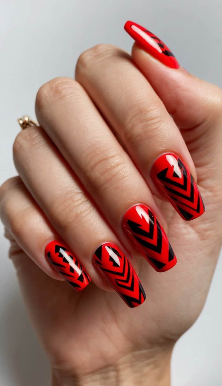 Vibrant red tribal symbols on glossy nails, bold and eye-catching