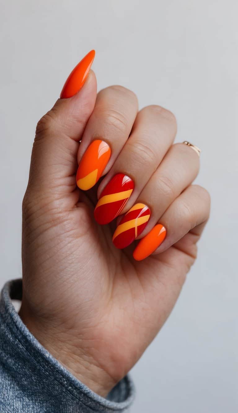 Vibrant tangerine and bold red abstract shapes on glossy nails