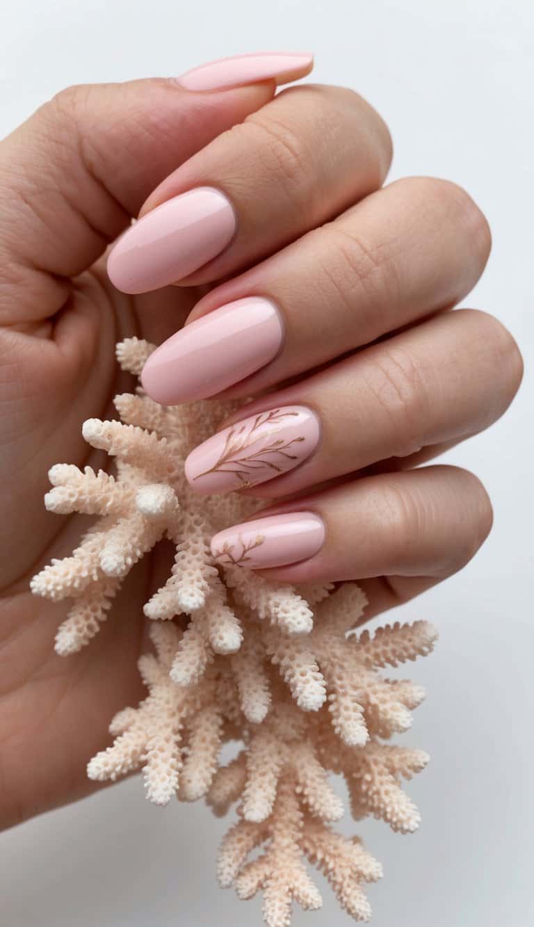 A serene pink coral cascade with delicate natural pink nail art designs