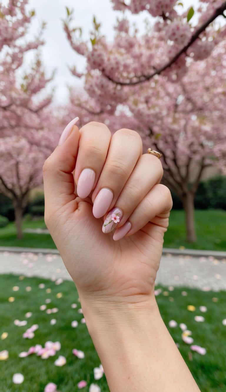 A serene garden with blooming pink plum trees and delicate petals scattered on the ground