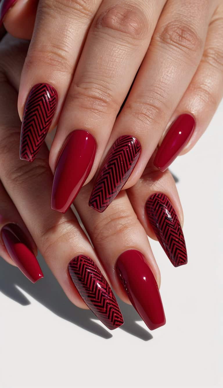 A close-up of bold red nails with intricate crosshatch designs, glossy finish catching the light