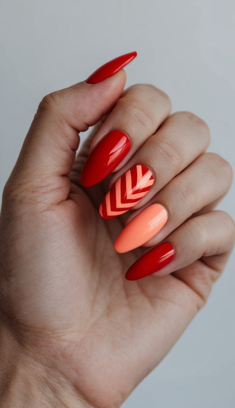 A close-up of bold red nail art with salmon zigzag tracks