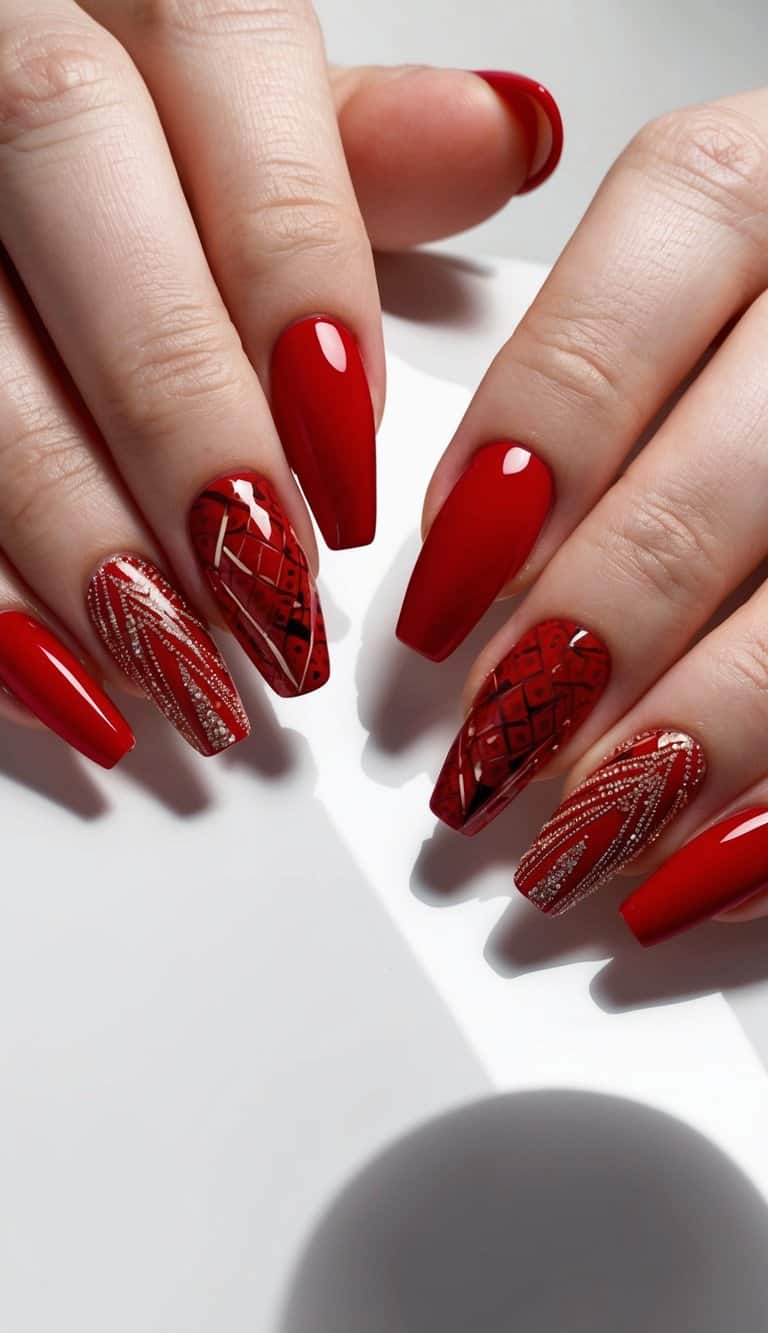 A close-up of bold red nail art designs on a glossy surface, with intricate patterns and shimmering accents