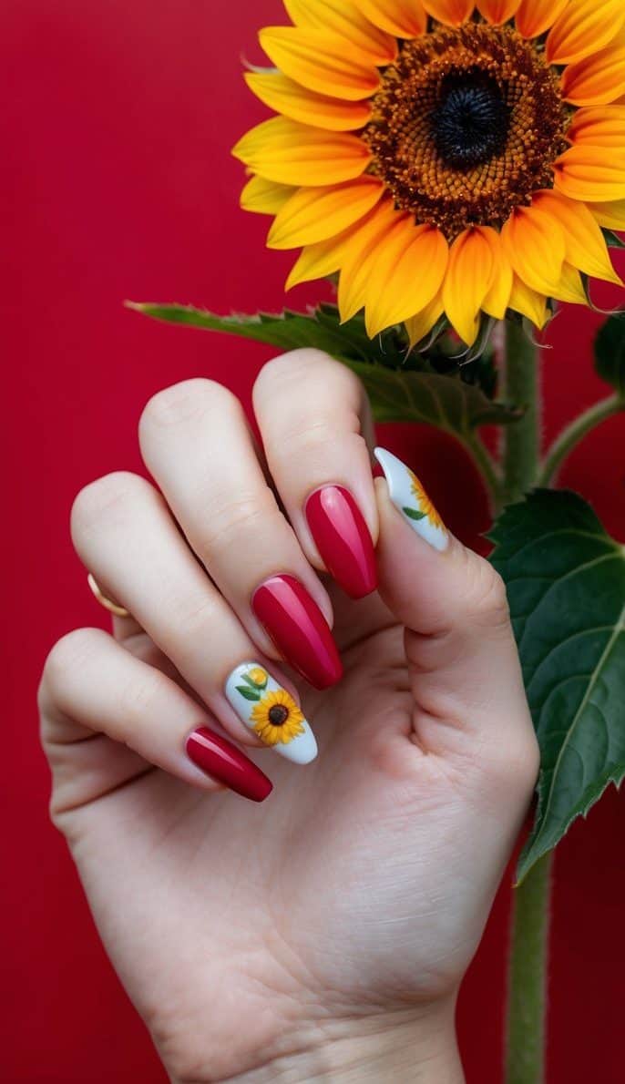 A vibrant, scarlet sunflower shines against a bold red background, showcasing glossy nail art designs