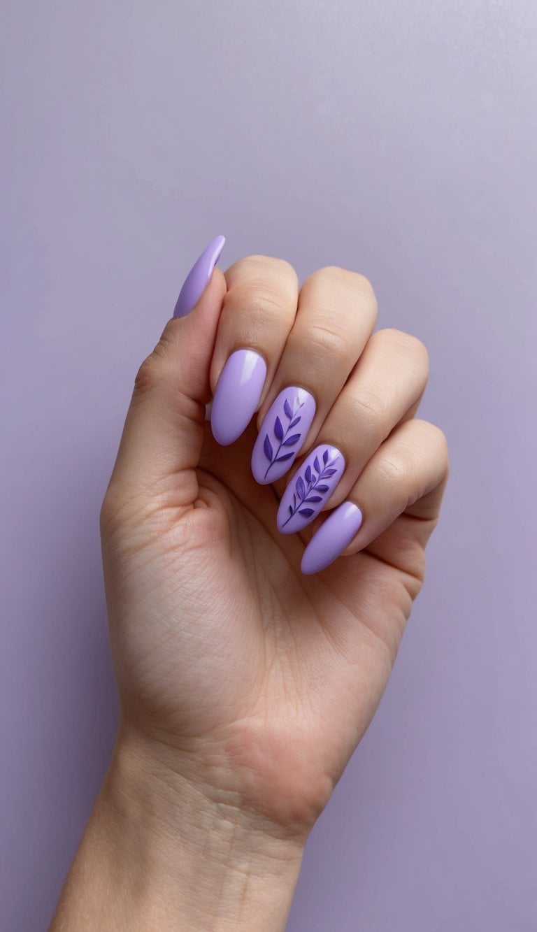 Dreamy lavender nail art designs displayed on a matte lavender finish backdrop