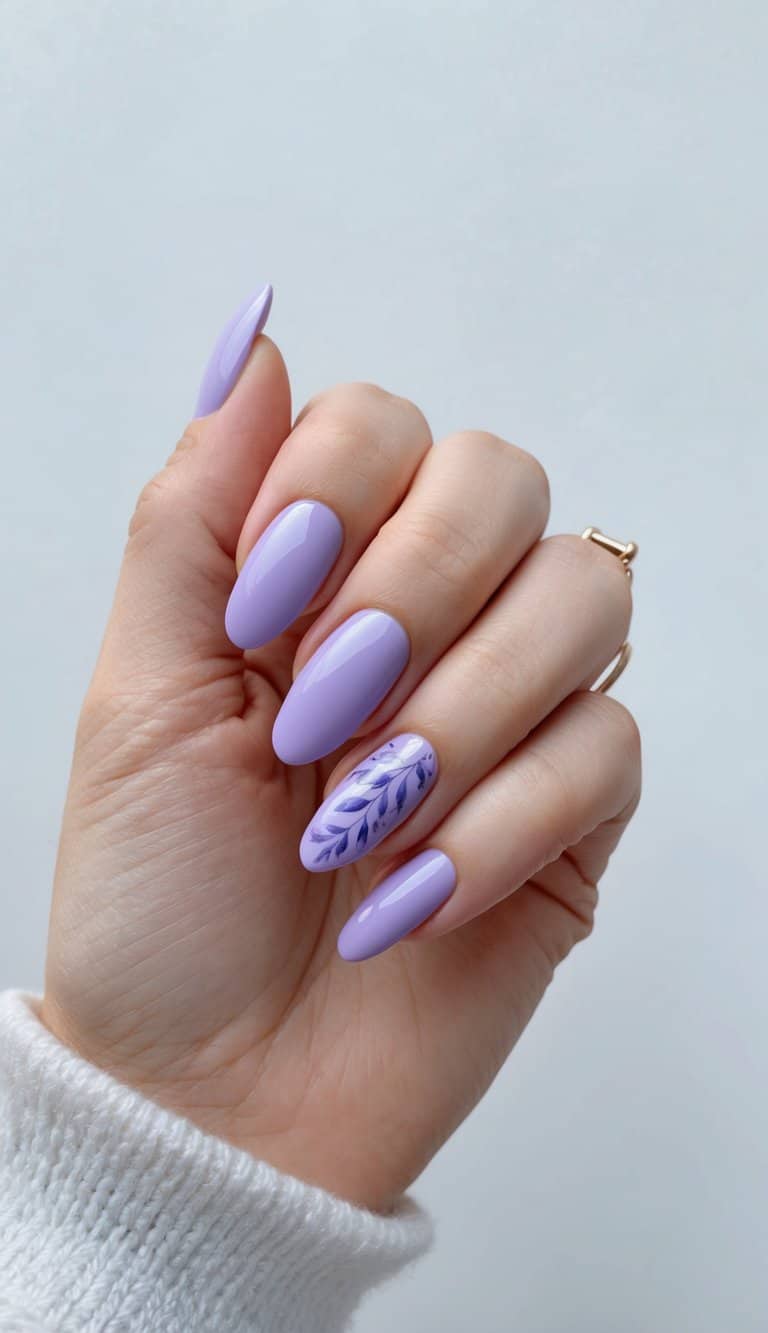 A close-up of lavender nails against a negative space background, with a dreamy and soft atmosphere