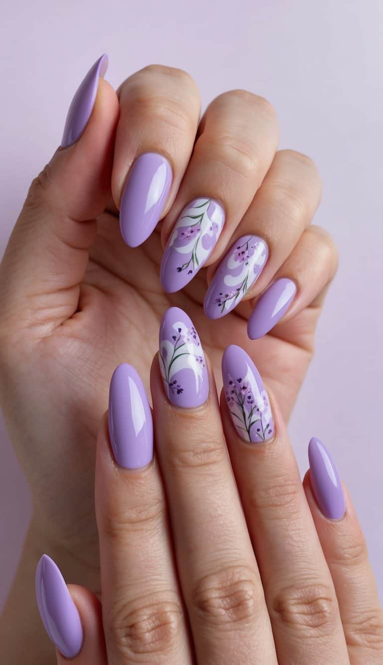 A close-up of lavender nail art designs on a pastel background, with swirling patterns and delicate floral accents