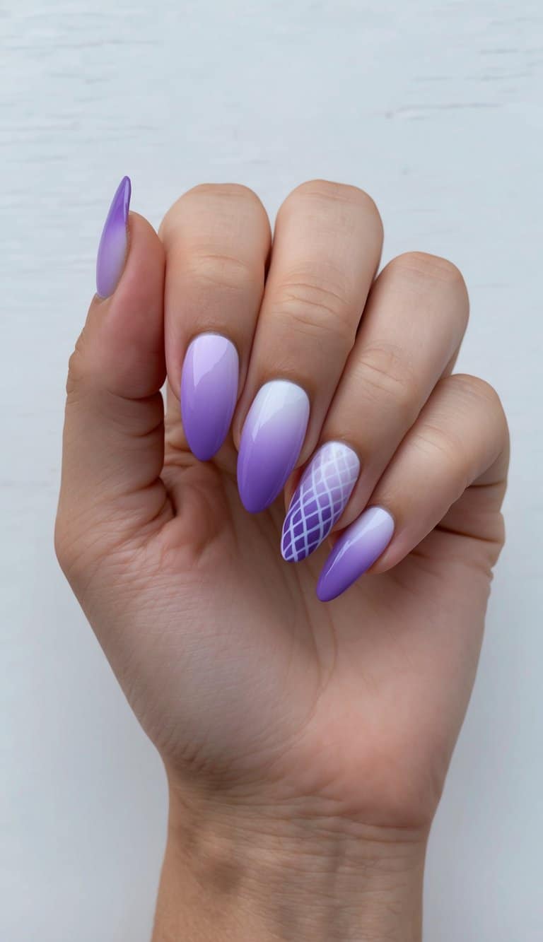 Dreamy lavender gradient nail art on display, featuring 50 unique designs