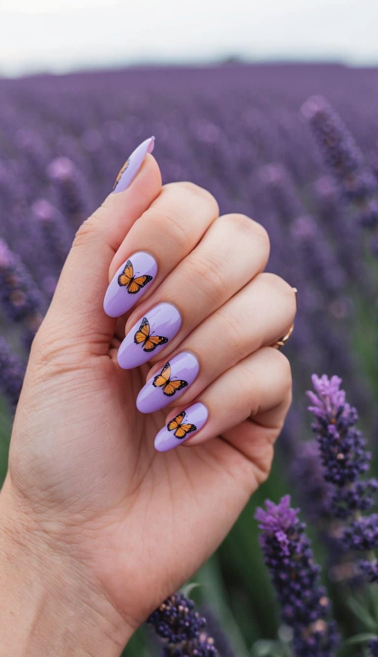 A serene lavender field with delicate butterfly decals fluttering among the flowers