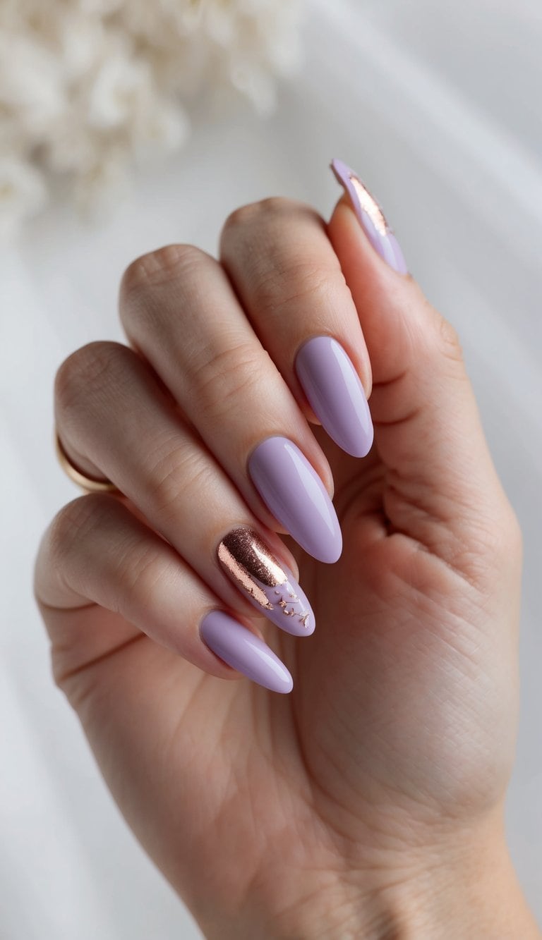 A delicate lavender nail art design with rose gold accents, set against a soft and dreamy background