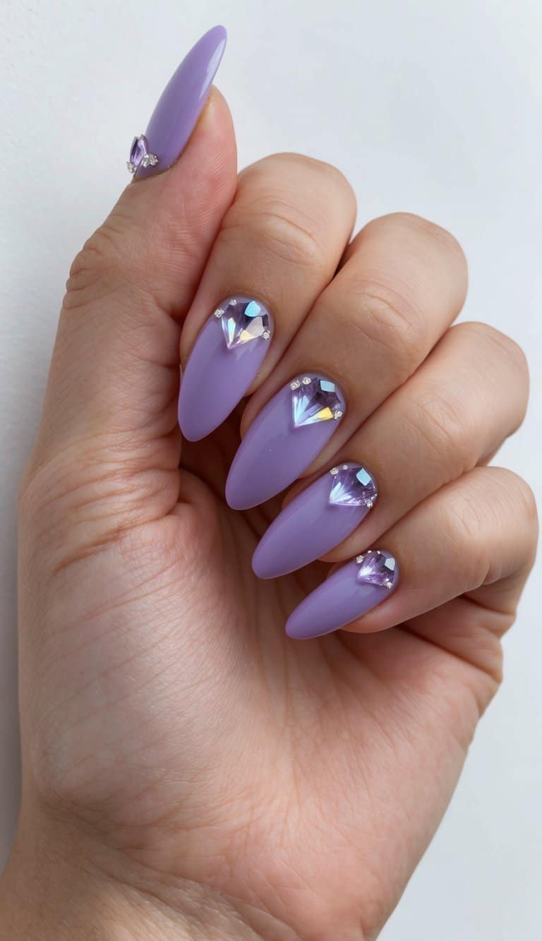 A close-up of lavender nails with crystal accents, arranged in a dreamy and elegant composition