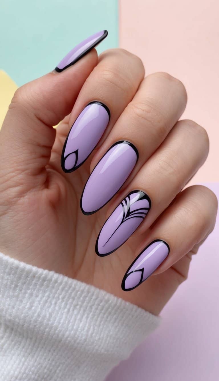 Dreamy lavender nail art designs with black edges showcased on a pastel background