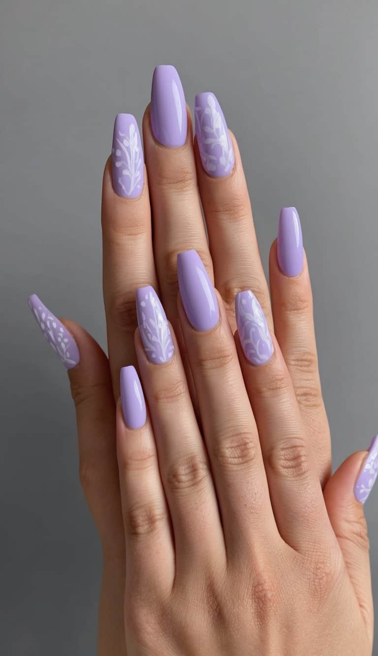 A close-up view of lavender nail art designs on a grayscale background, showcasing dreamy and elegant patterns