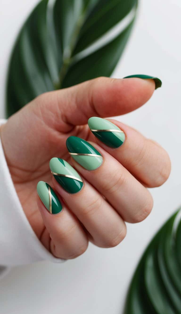 A hunter green geometric nail art design with refreshing green accents