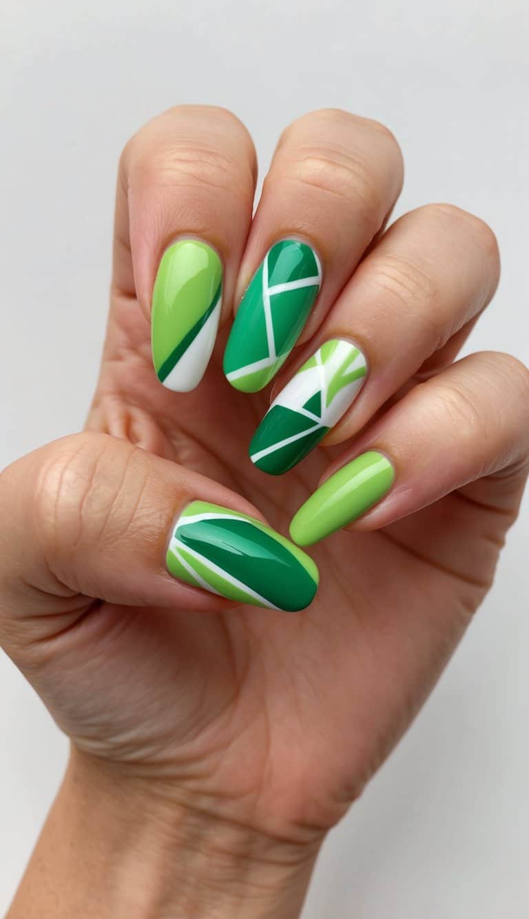 A citrus green burst of refreshing nail art designs, featuring various shades of vibrant green in abstract and geometric patterns